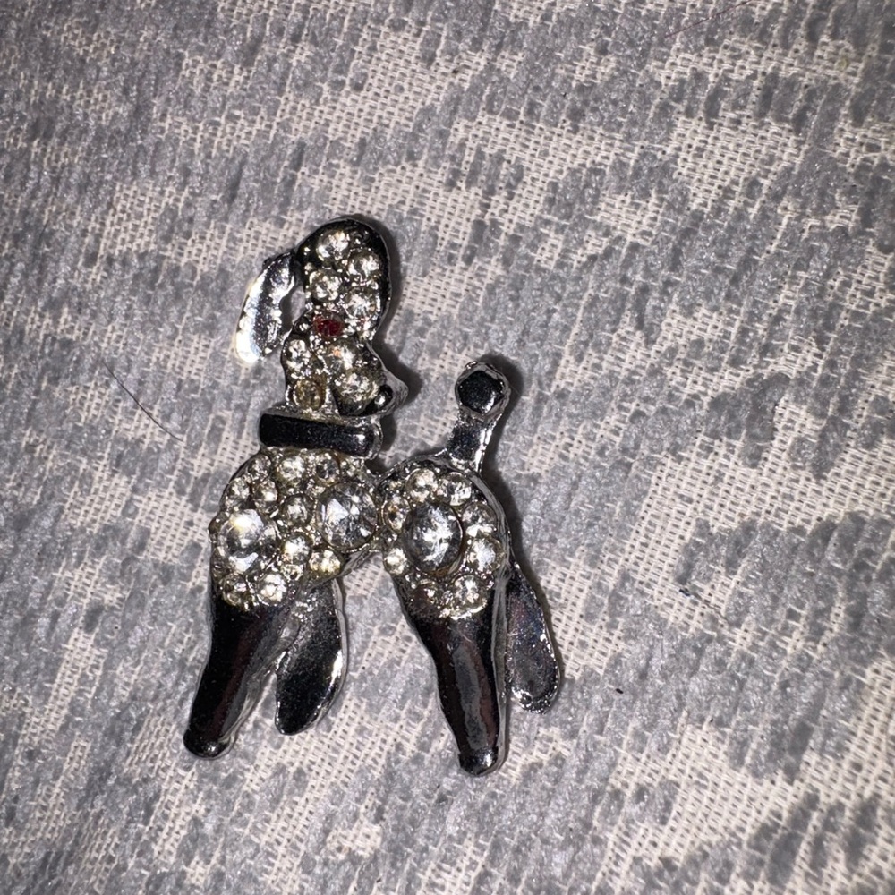 Vintage Diamond look Rhinestone silver Poodle Pin Ruby red eye gemstone brooch